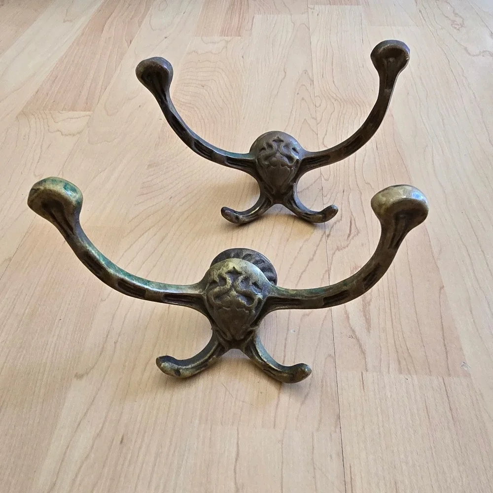 Vintage Cast Metal Wall Hooks Set of 2 Ornate 4-Prong Coat Hat Rack Aged Brass